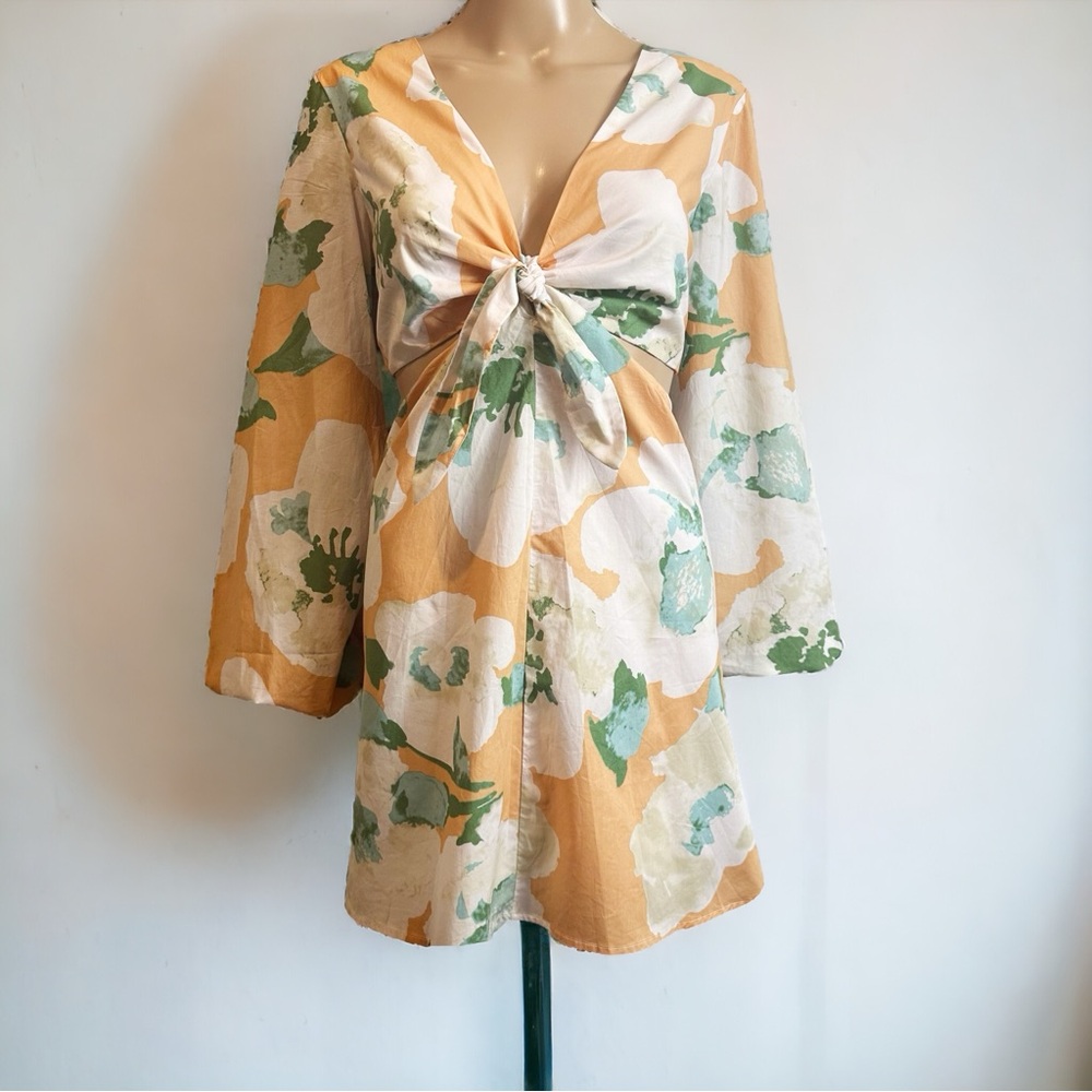 Petal And Pup Cotton Floral Tan Daniella Waist Cut Out Dress